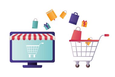 çadır ve alışveriş sepeti ile bilgisayar ekranı