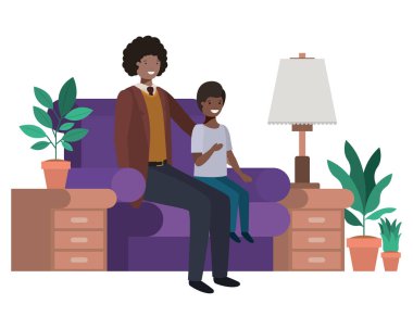 Baba ve oğul kanepede oturan avatar karakter