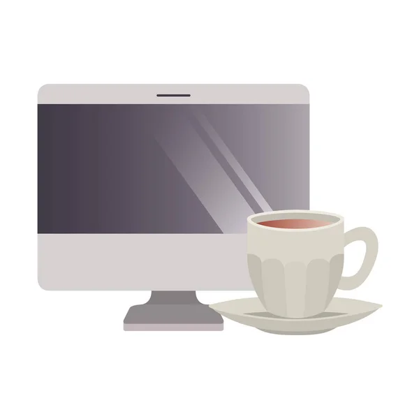 Computer desktop with cup of coffee isolated icon — Stock Vector