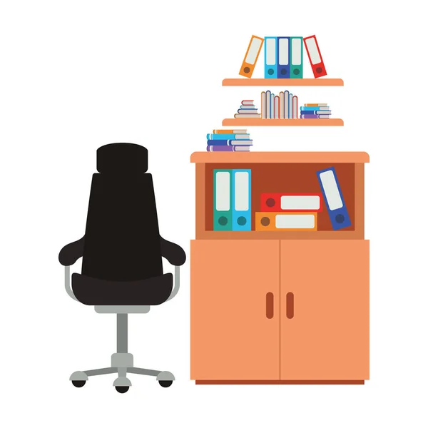 Hyllor med böcker och kontors stol isolerad ikon — Stock vektor