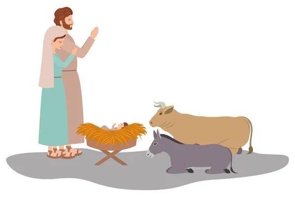 Helig familj och djur Manger karaktärer — Stock vektor