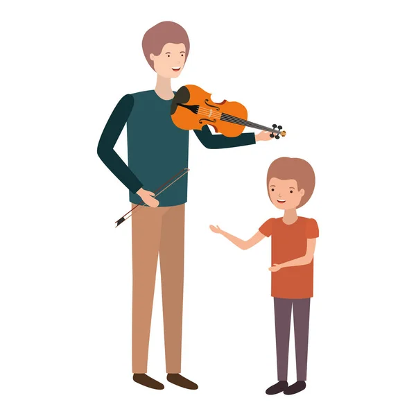 Man with son and violin avatar character — Stock Vector