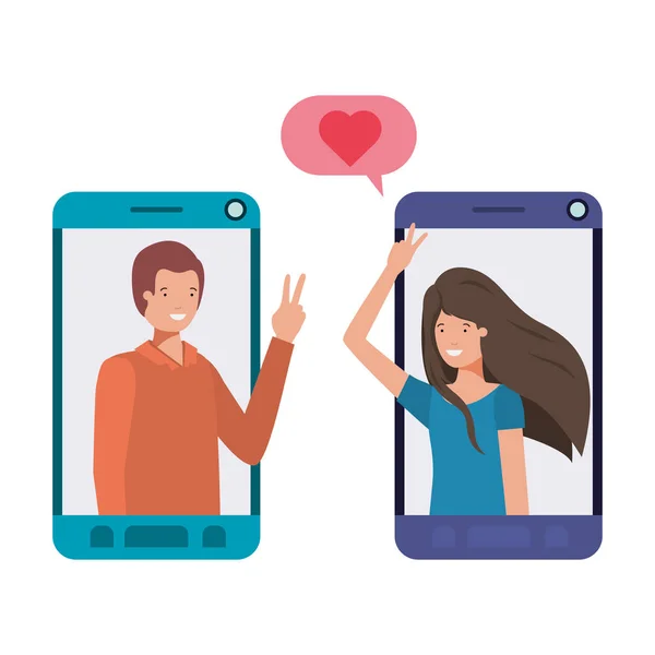 Молода пара в смартфоні з мовною бульбашкою — стоковий вектор