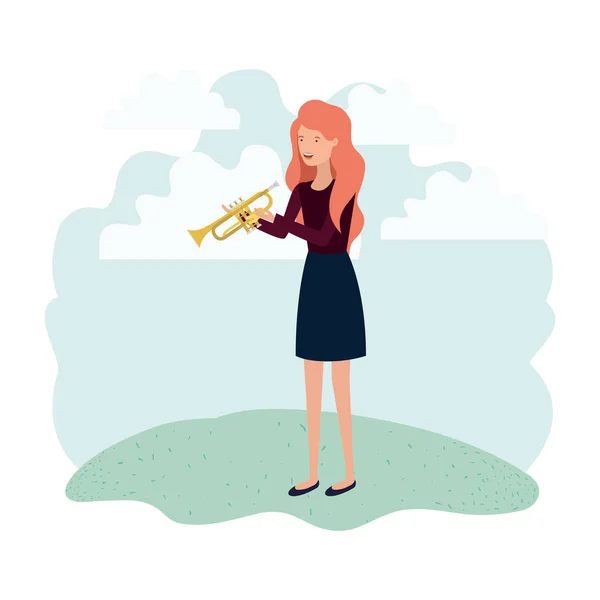 Mujer con trompeta en carácter avatar paisaje — Vector de stock