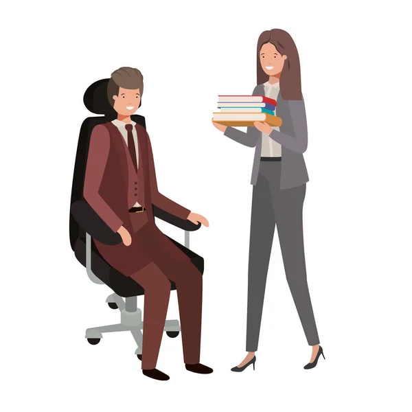 Człowiek siedzi w biurze krzesło i kobieta z książki — Wektor stockowy
