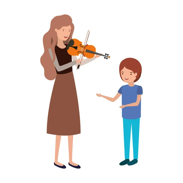 Woman with son and violin avatar character — Stock Vector
