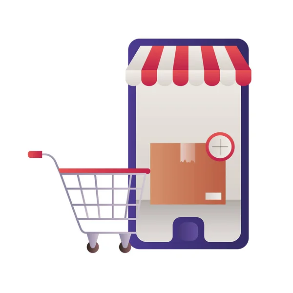 Smartphone with tent and shopping cart — Stock Vector