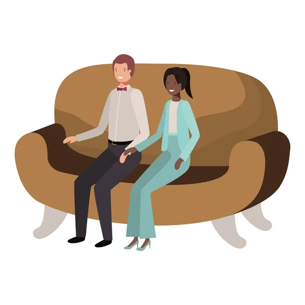 Ділова пара сидить в дивані аватара персонажа — стоковий вектор
