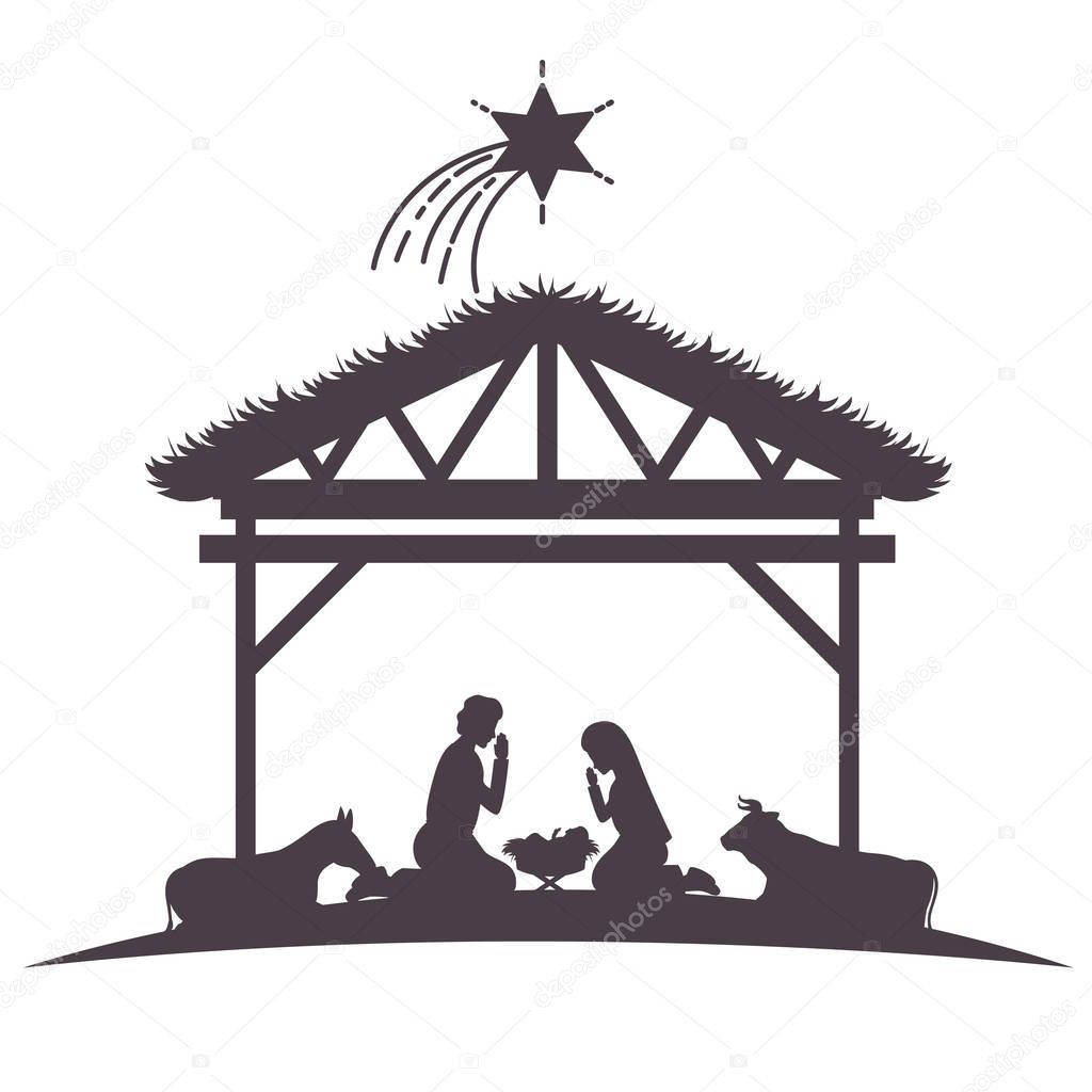 holy family in stable with animals silhouettes