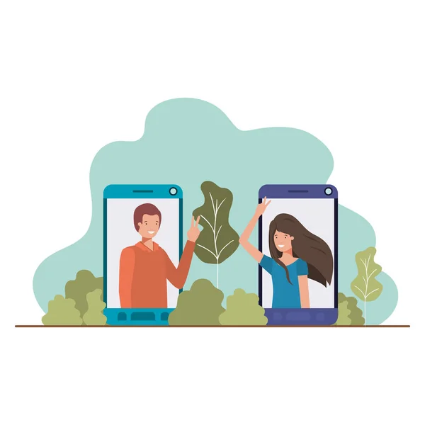 Jeune couple en smartphone avec paysage — Image vectorielle