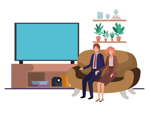 Business couple sitting in livingroom avatar character — Stock Vector