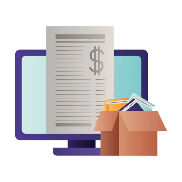Dator skärm med löne dokument och Box — Stock vektor