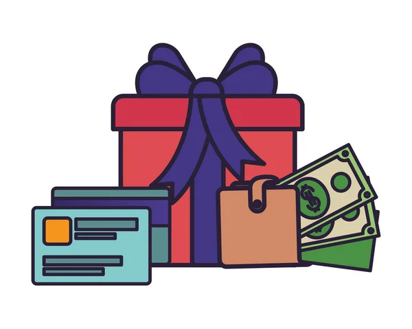 Cadeau avec carte de crédit et icône isolée dollar — Image vectorielle
