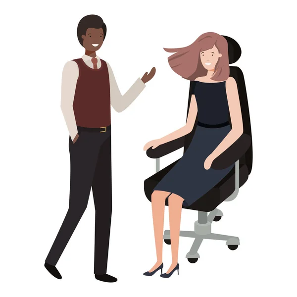 Mulher sentada na cadeira do escritório e homem de pé — Vetor de Stock