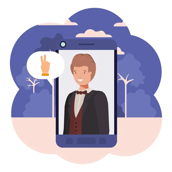 Young businessman in smartphone with speech bubble — Stock Vector