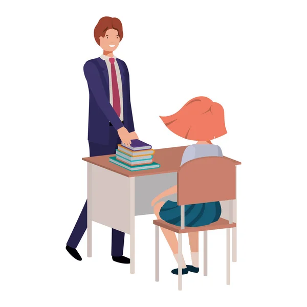 Teacher in the classroom with student avatar character — Stock Vector