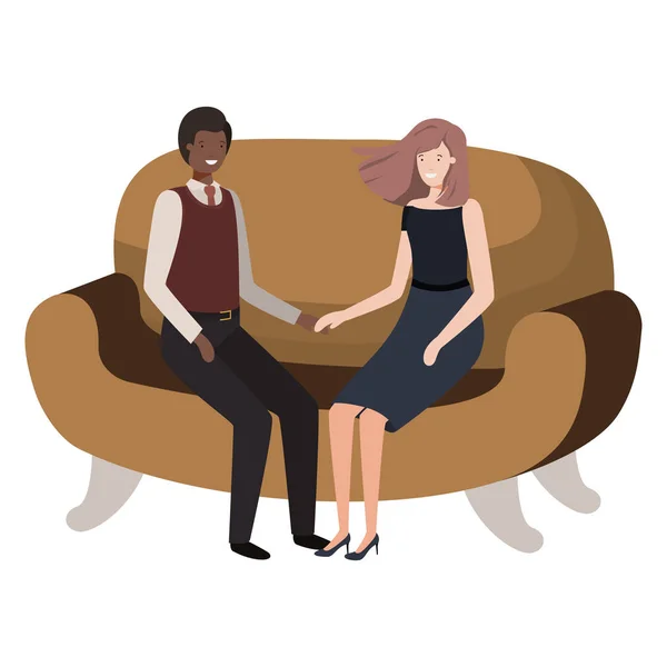 Couple d'affaires assis dans le canapé avatar personnage — Image vectorielle