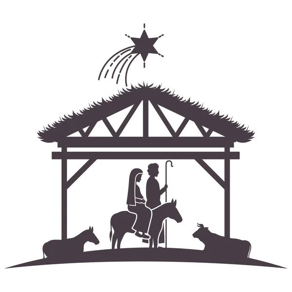 Virgen María y Joseph en establo con siluetas de animales — Vector de stock