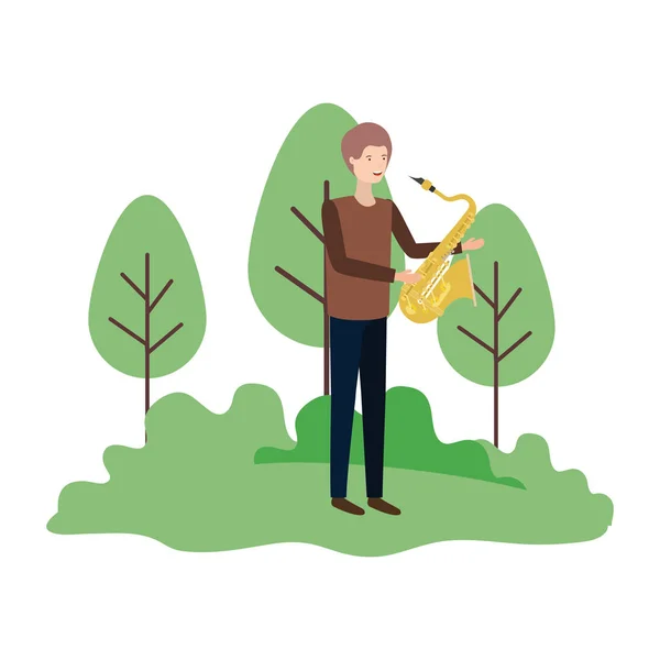 Hombre con saxofón en carácter avatar paisaje — Vector de stock