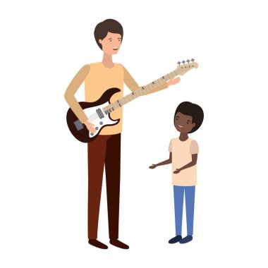 oğlu ve elektrikli gitar karakteri ile adam