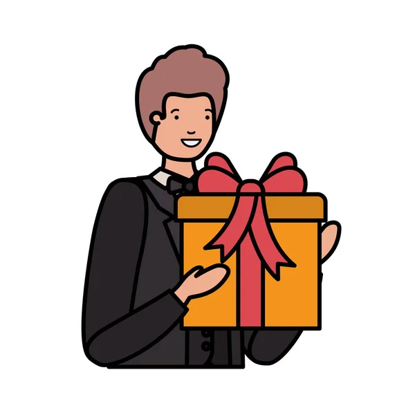 Jeune homme avec boîte cadeau avatar personnage — Image vectorielle