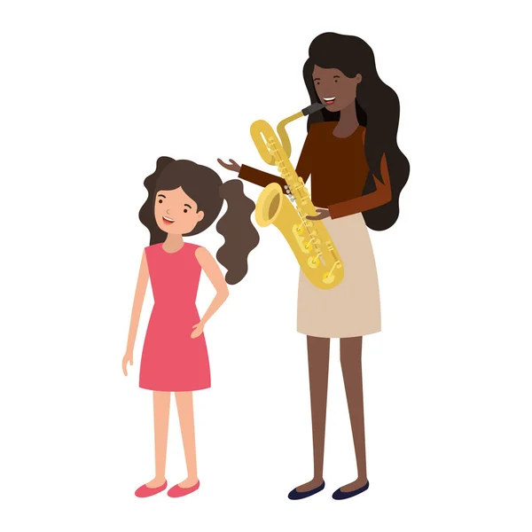 Mujer con hija y saxofón carácter avatar — Vector de stock