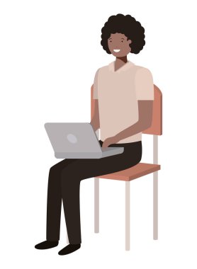 Laptop ile okul sandalyesinde oturan siyah adam