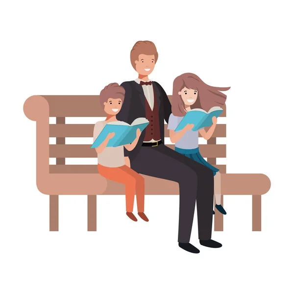 Pai e filhos sentados na cadeira do parque avatar personagem — Vetor de Stock