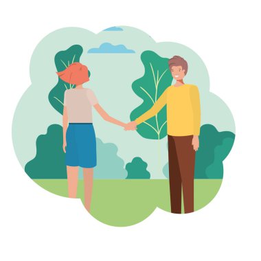 Çift manzara avatar karakteri ile eller tutarak