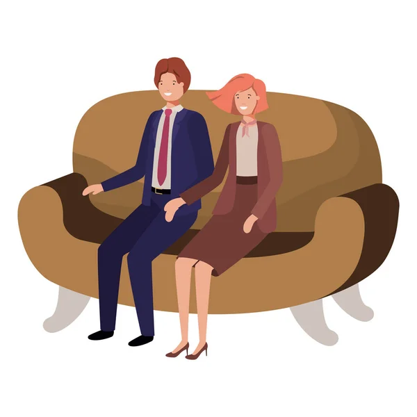 Business couple sitting in sofa avatar character — Stock Vector