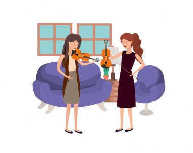 oturma odasında müzik aletleri olan kadınlar