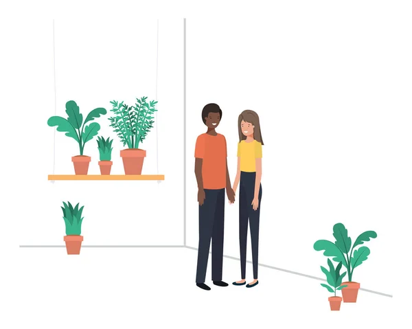 Jeune couple avec maison plante avatar caractère — Image vectorielle