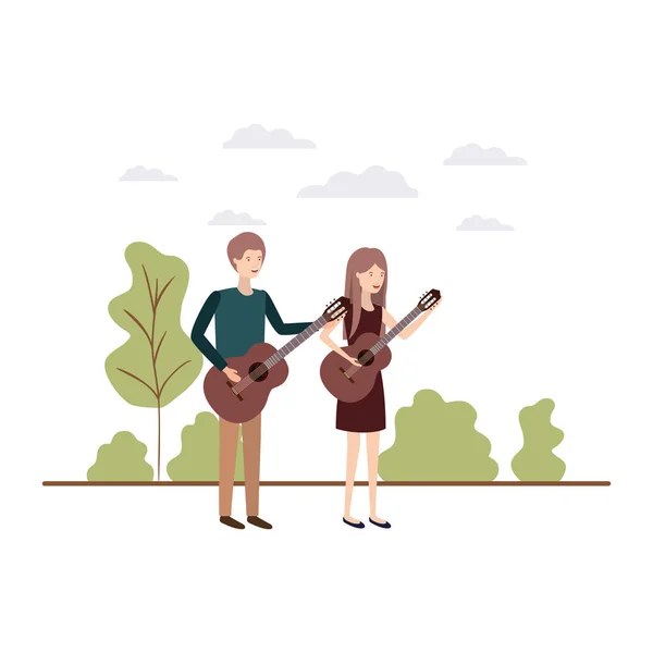 Pareja con instrumentos musicales en el paisaje — Vector de stock