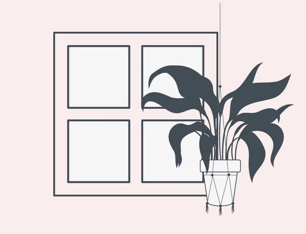 窓付きのマクラメハンガーで観葉植物 — ストックベクタ