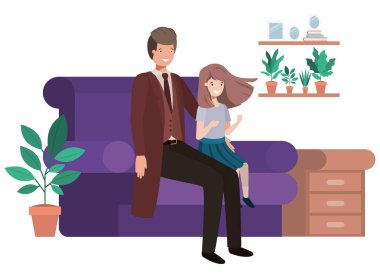 Baba ve kızı kanepe avatar karakter oturan