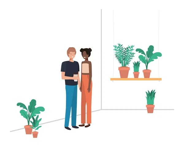 Jeune couple avec plante maison et récipient café en plastique — Image vectorielle