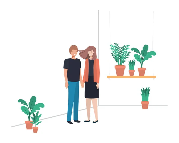 Jeune couple avec maison plante avatar caractère — Image vectorielle