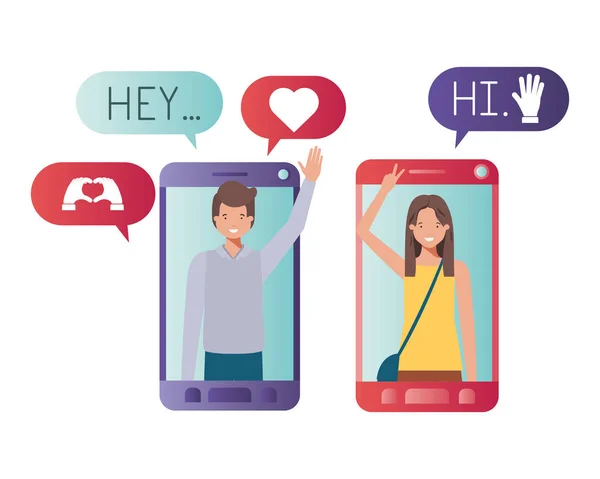Молода пара в смартфоні аватар персонажа — стоковий вектор