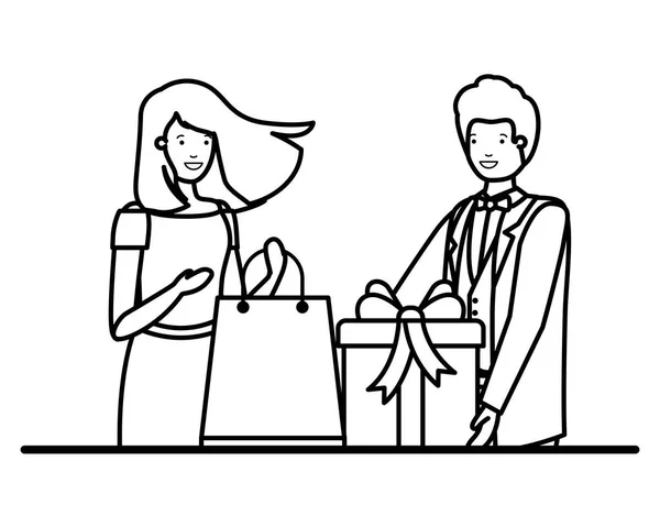 Young couple with shopping bag and gift box — Stock Vector