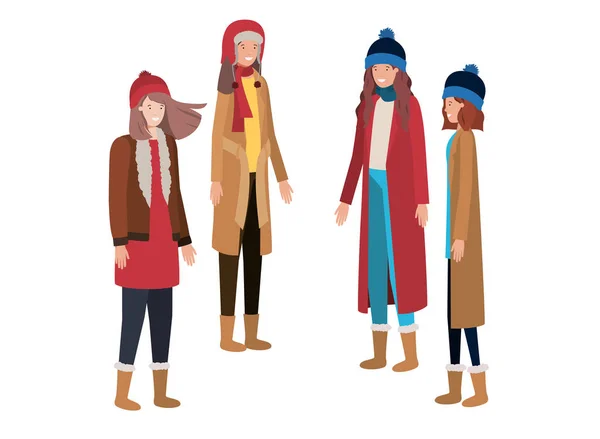 Mulheres com roupas de inverno caráter avatar —  Vetores de Stock