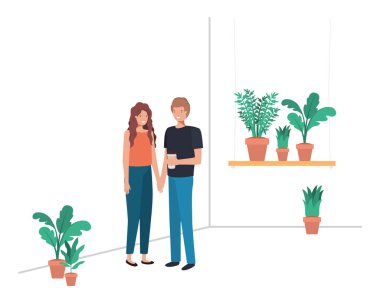 ev bitki ve konteyner plastik kahve ile genç çift