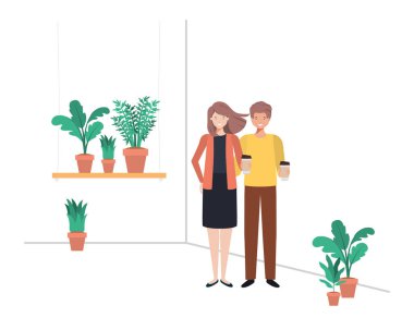 ev bitki ve konteyner plastik kahve ile genç çift