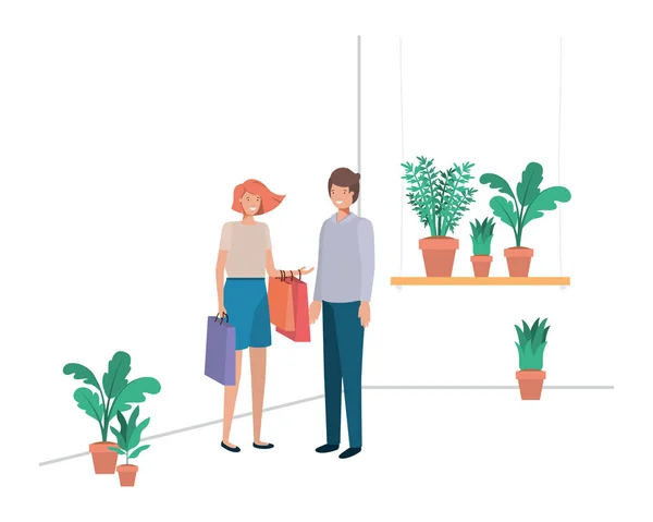 Couple avec plante maison et sacs à provisions — Image vectorielle