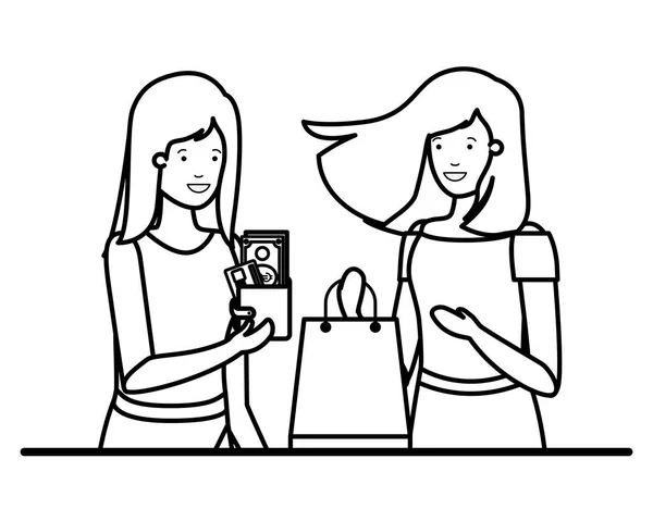 Junge Frauen mit Einkaufstüten-Avatar-Charakter — Stockvektor