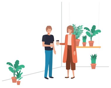 ev bitki ve konteyner plastik kahve ile genç çift