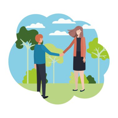 Çift manzara avatar karakteri ile eller tutarak