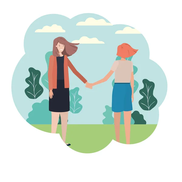 Mujeres con las manos y el paisaje — Vector de stock