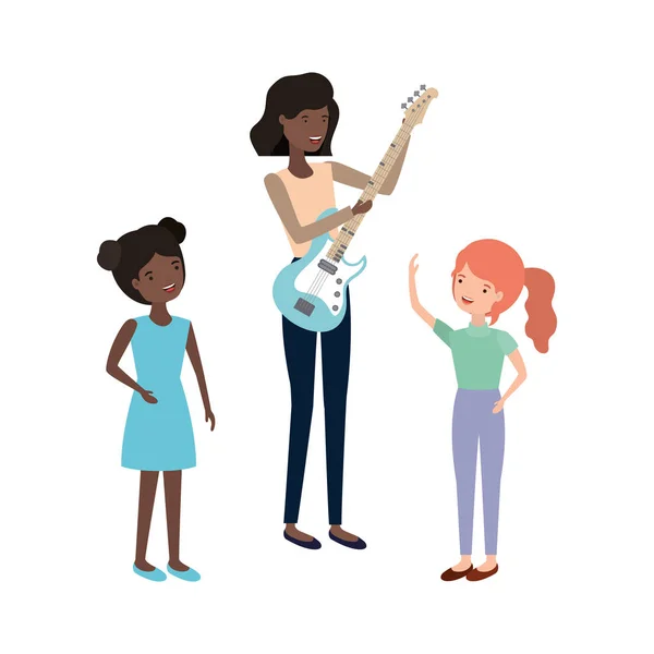 Kobieta z dziećmi i gitara elektryczna charakter — Wektor stockowy