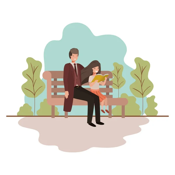 Pai e filha sentados na cadeira do parque avatar personagem —  Vetores de Stock