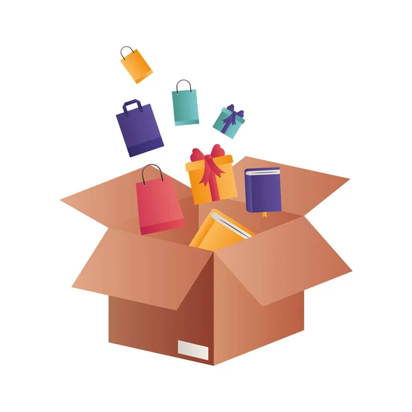 Caja de cartón con regalos cayendo icono aislado — Vector de stock